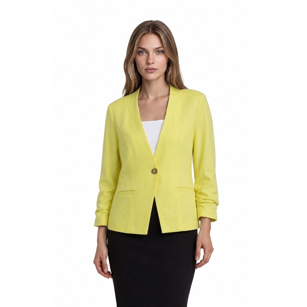 Gibson 100% Linen Blazer Women's Size Medium Yellow Ruched Sleeve Toile Lined